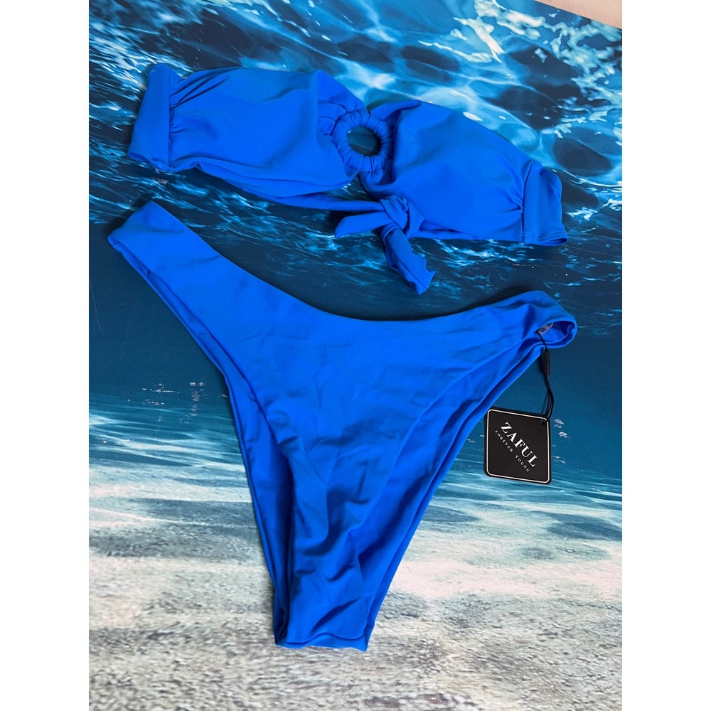 Zaful Blue O-Ring Bandeau Bikini Set High Cut Swimsuit Size 8-10 Large NWT